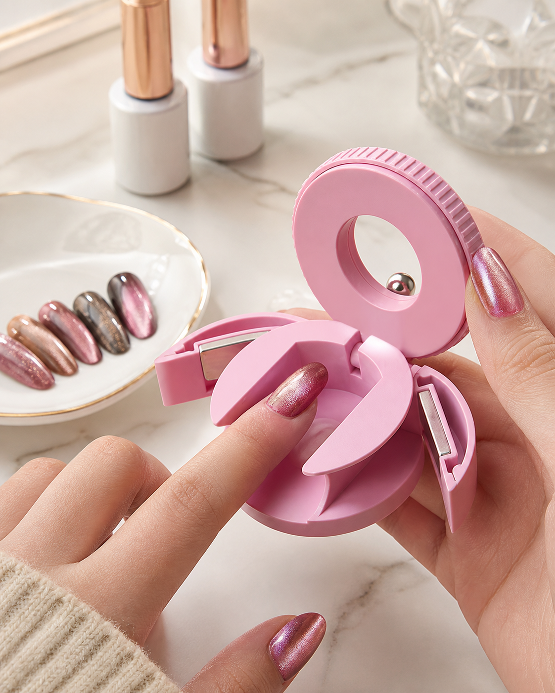 Hand using the rotating cat eye tool for magnetic gel nail effects