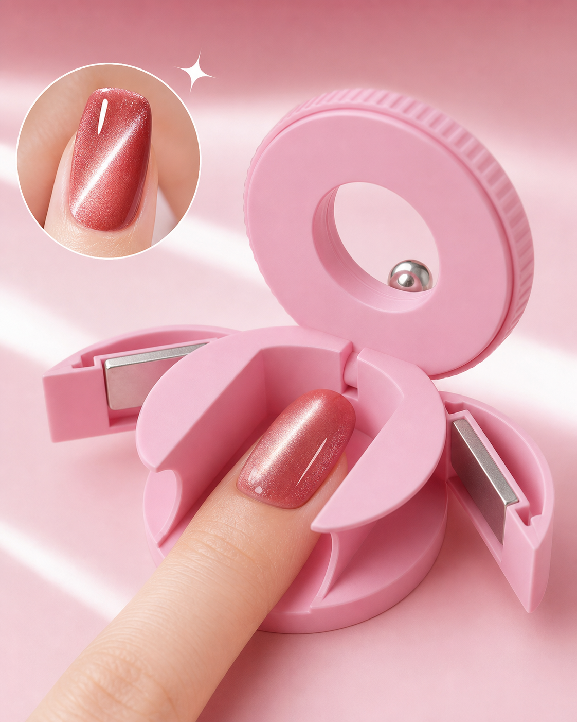 Rotating cat eye tool shaping a glossy magnetic nail highlight